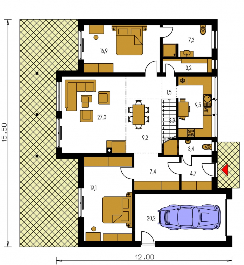 projekt pre priestranný dom s garážou a galériou v obývacej izbe